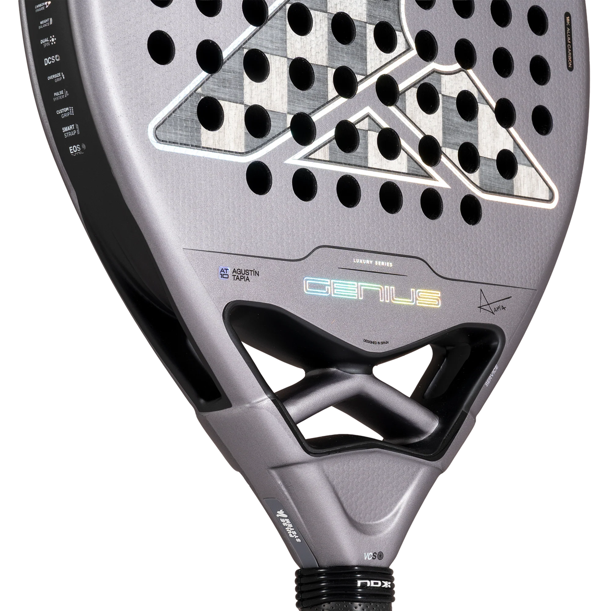 Close-up of the lower section of the Nox AT10 GENIUS 18K ALUM 2027, showing the Genius branding, black bridge and frame details.