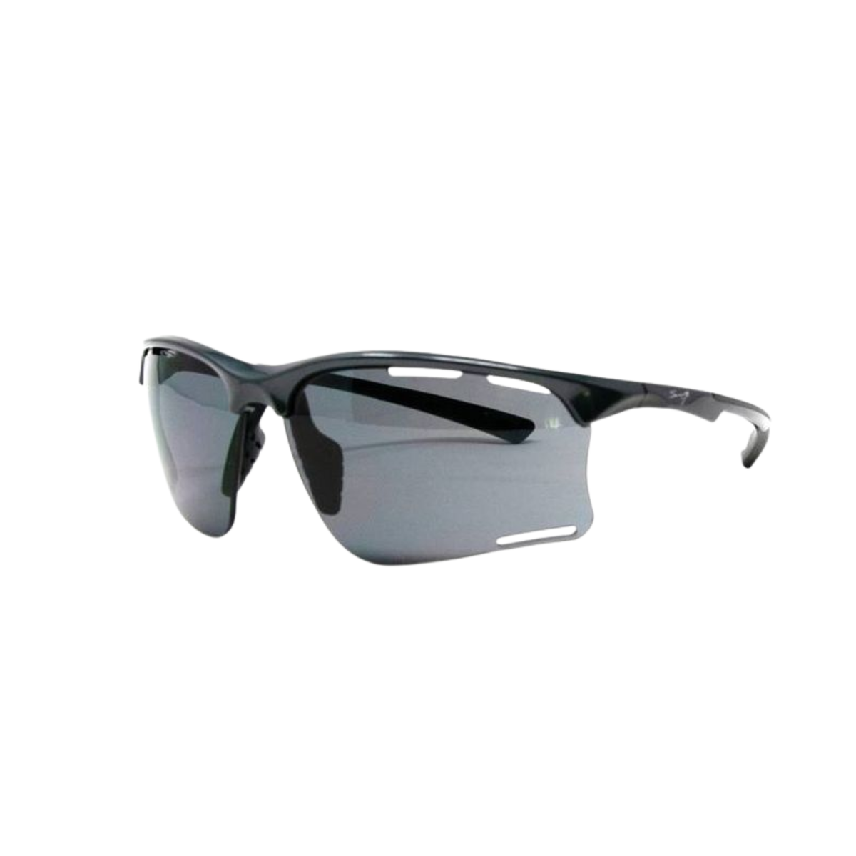 Front angled view of the Addictive Ondara C9 by Sanyo Gutierrez Gris Iron Shiny sunglasses with a glossy dark grey frame, wide grey tinted lenses, slim curved temples and a lightweight sporty design.