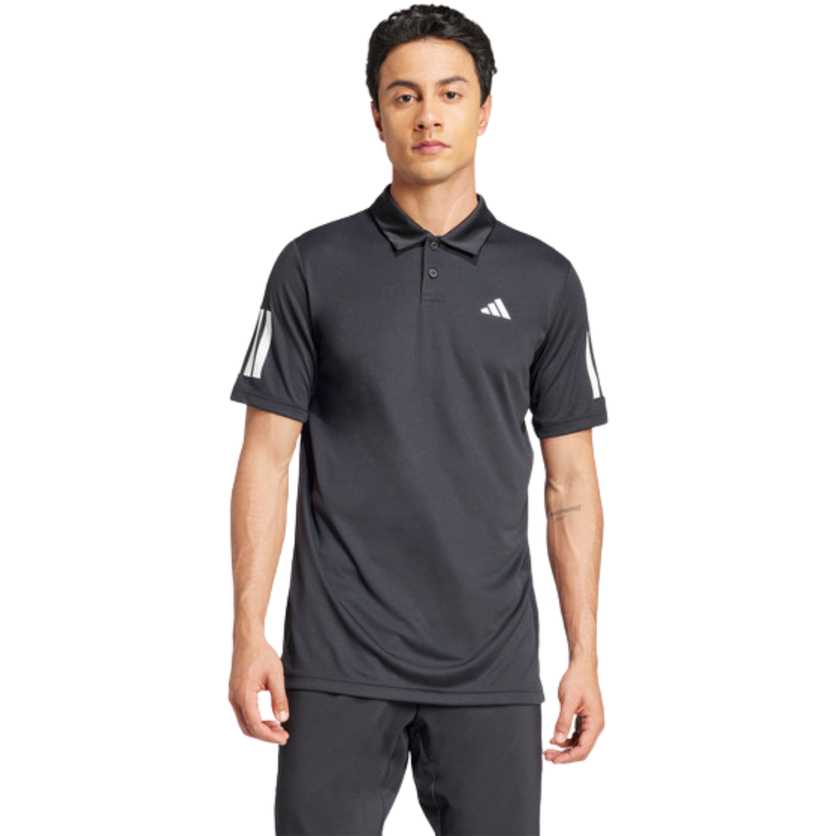Front view of the black adidas polo shirt worn by a male model.