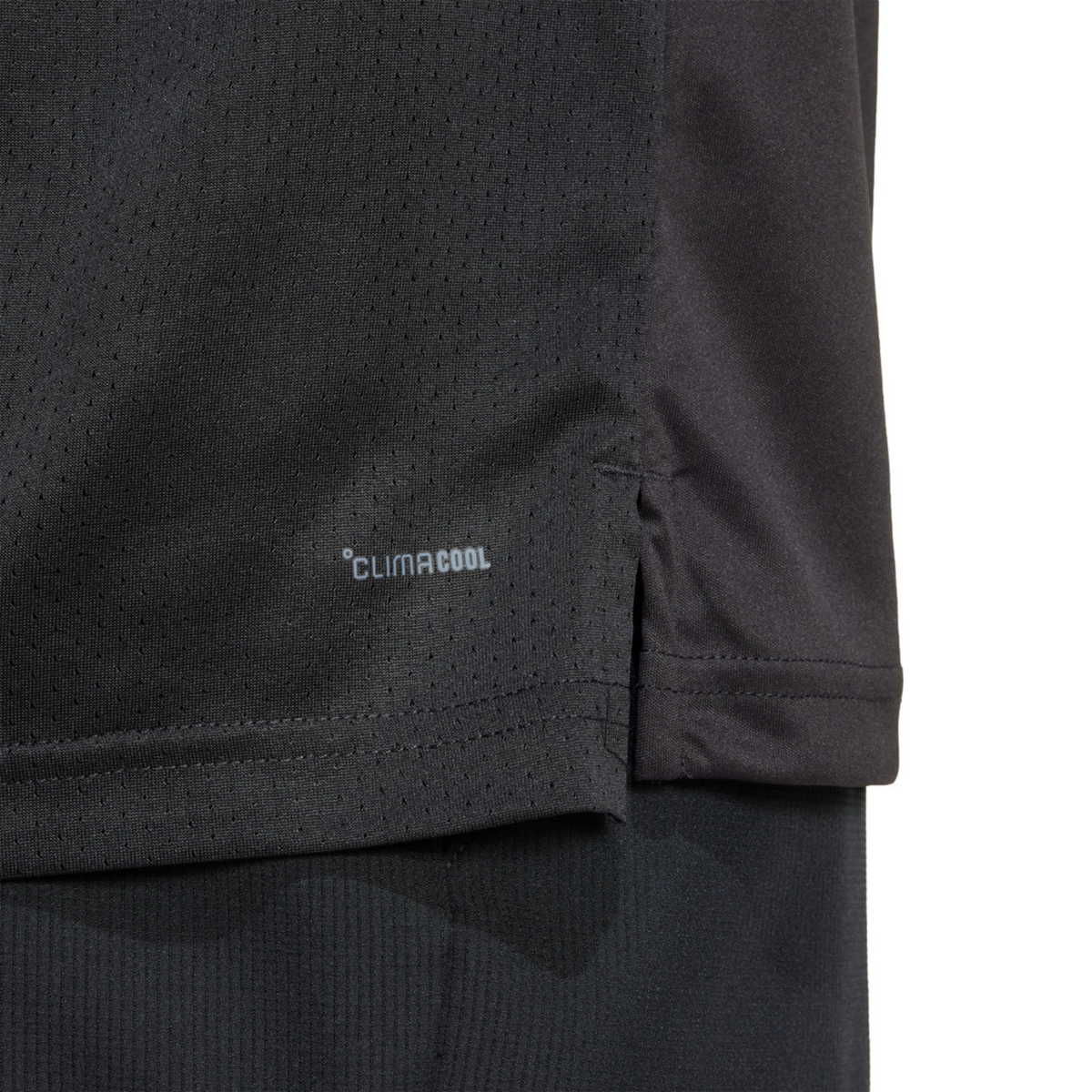 Close-up of the CLIMACOOL fabric and side detail of the black adidas T-shirt.