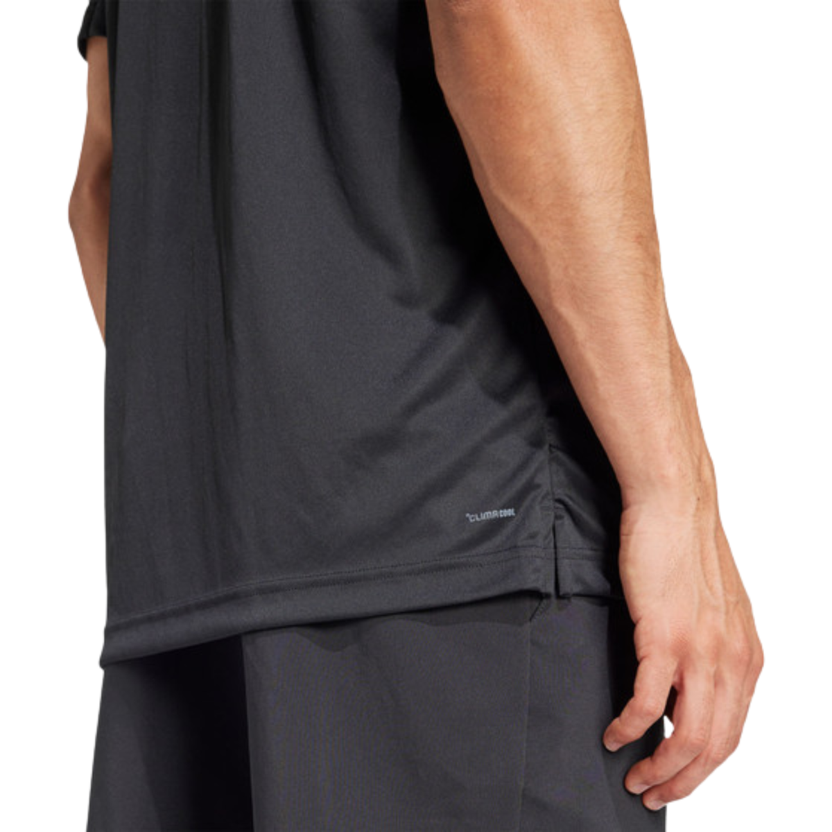 Close-up of the CLIMACOOL detail and side slit of the black adidas T-shirt.