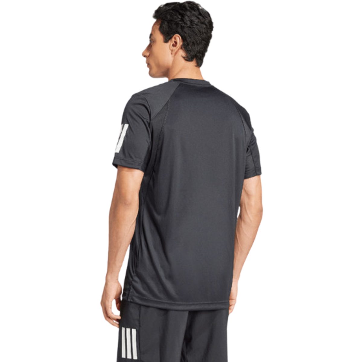 Back view of a model wearing the black adidas T-shirt.
