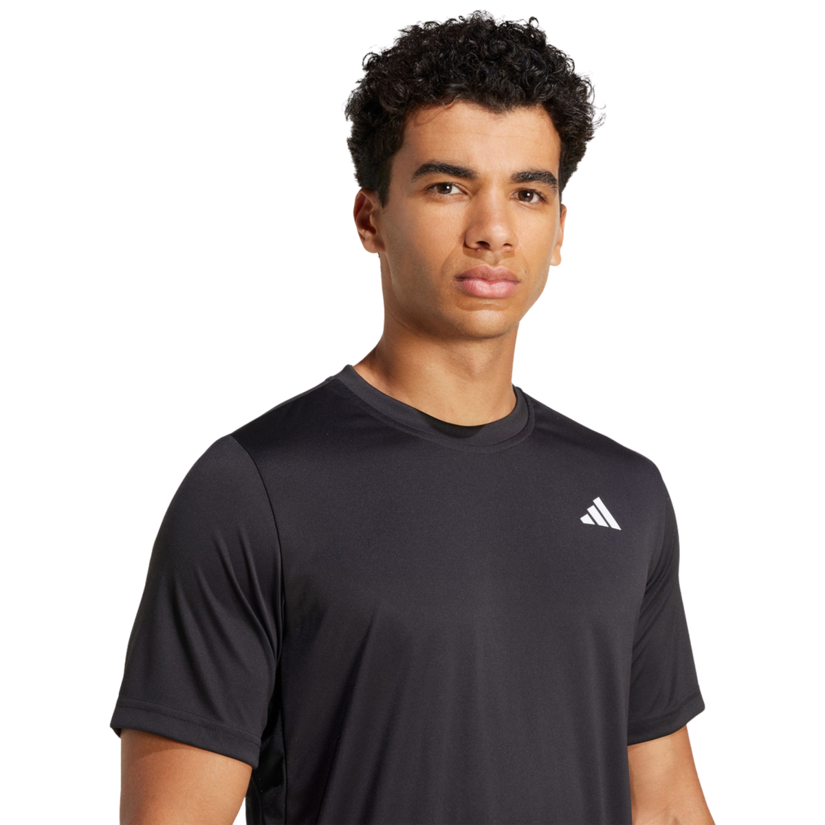 Close-up front view of a model wearing the black adidas T-shirt.