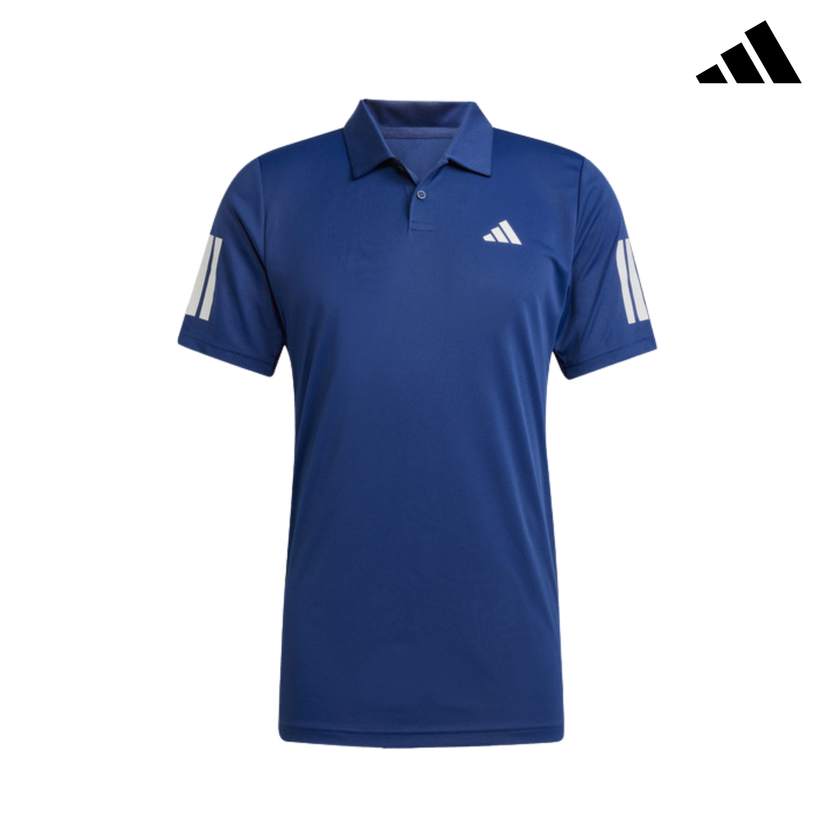 Front view of the blue adidas polo shirt with adidas logo.