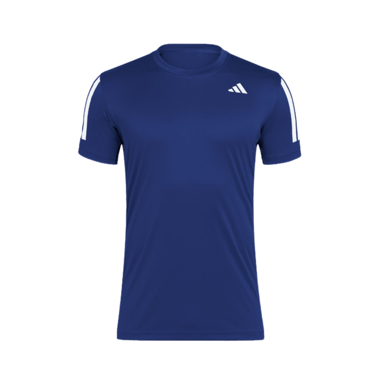 Front view of the blue adidas T-shirt with white stripe details on the shoulders.