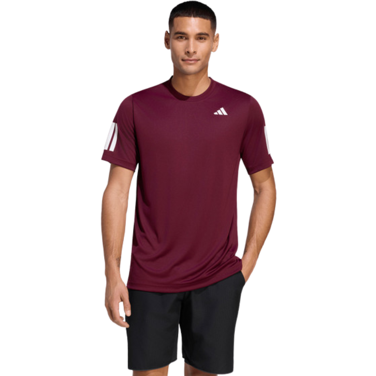 Front view of a model wearing the burgundy adidas T-shirt.