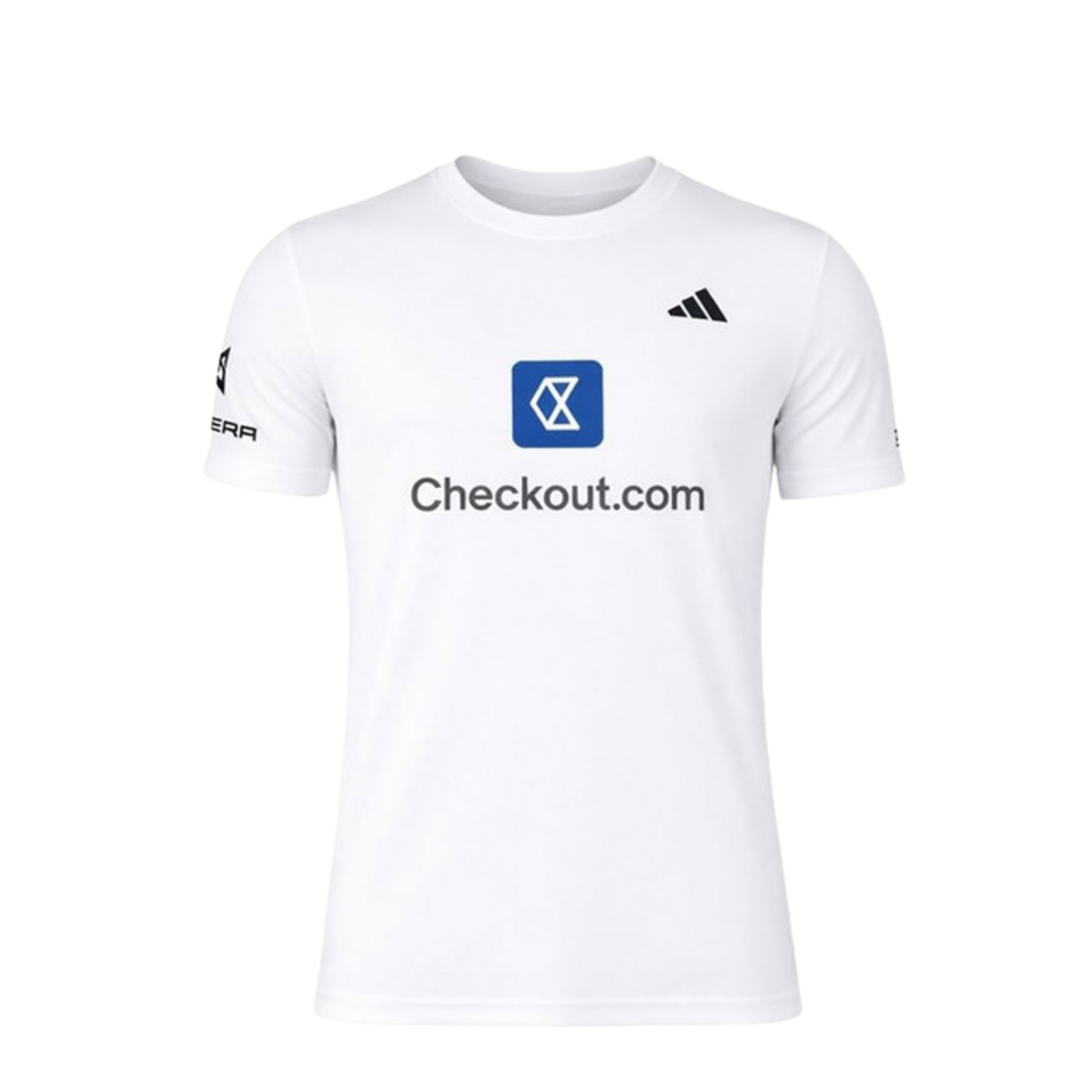 Front view of the white adidas T-shirt featuring the Checkout.com sponsor design.