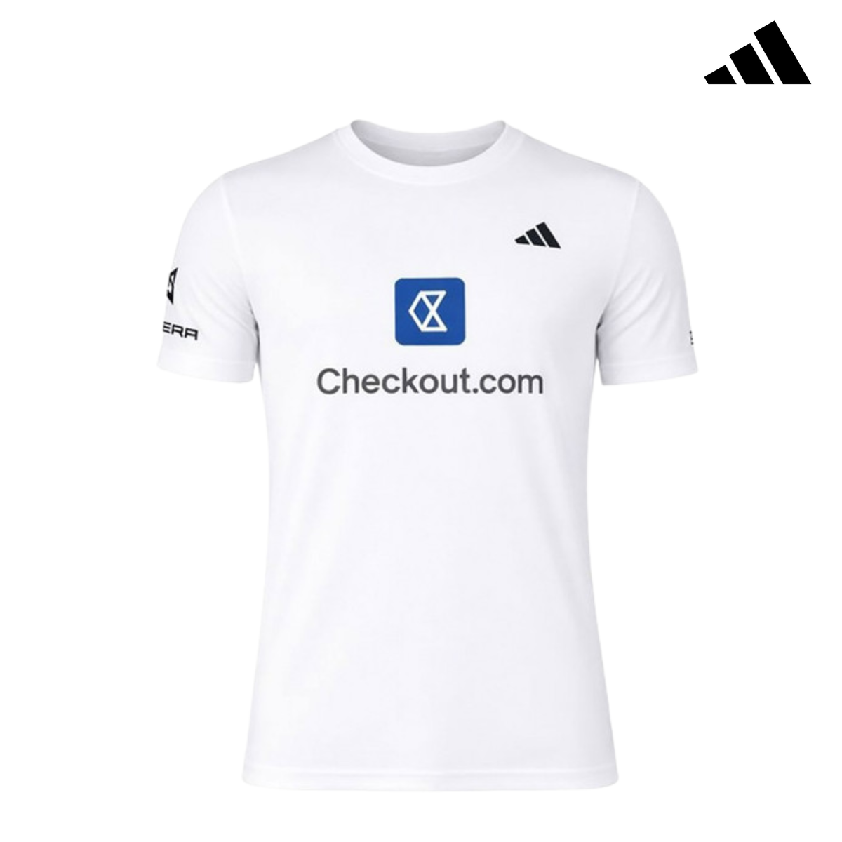 Front view of the white adidas T-shirt with Checkout.com sponsor logo and adidas branding.