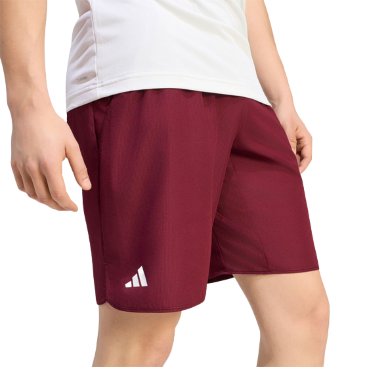 Side detail view of the burgundy adidas Club Short KS8299 showing the fit and adidas logo.
