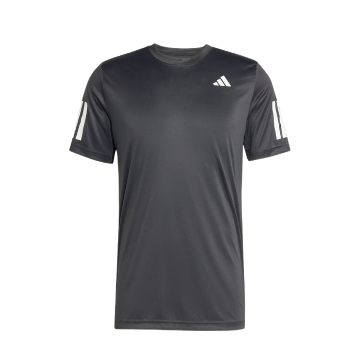 Front view of the black adidas men's T-shirt with white adidas sleeve details.