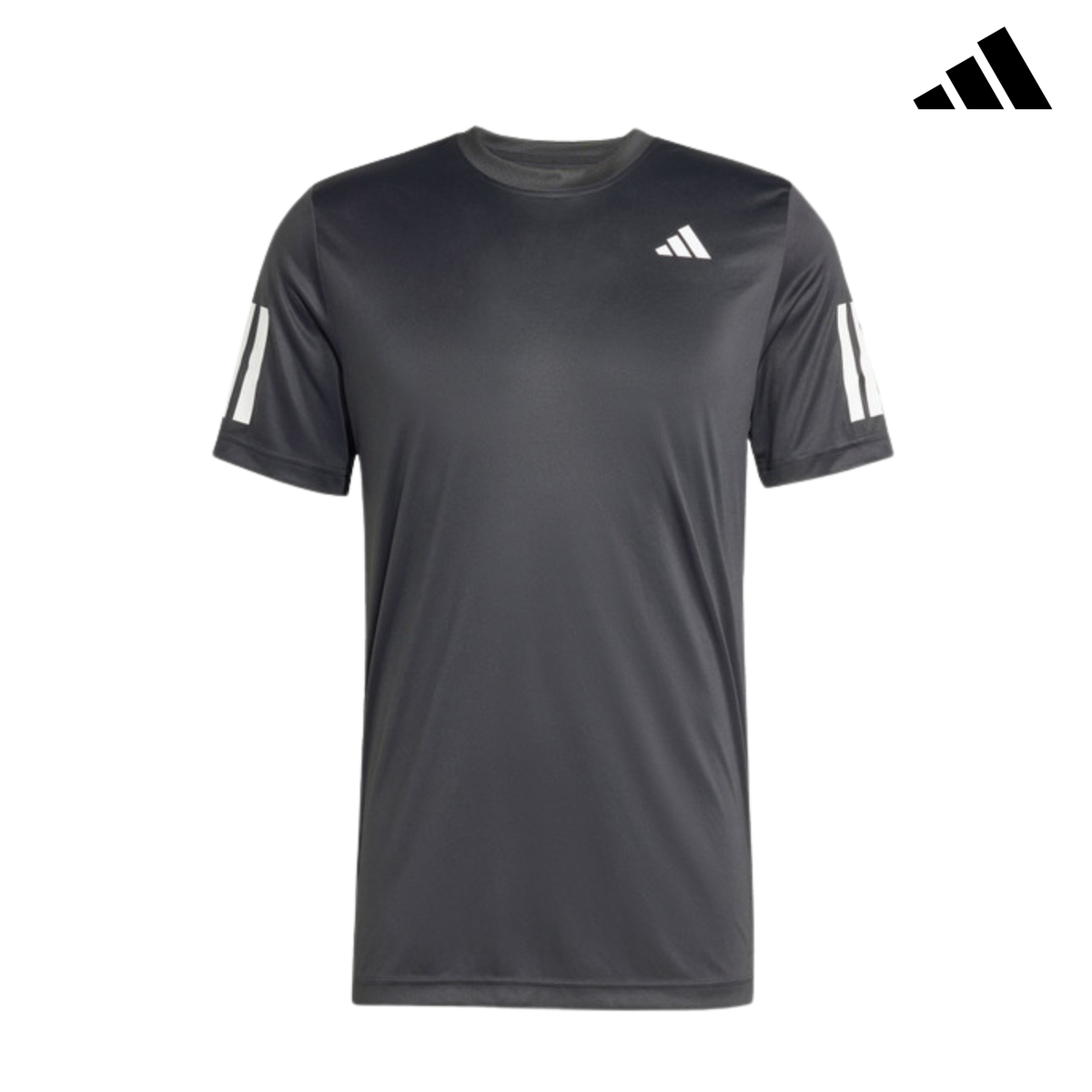 Front view of the black adidas men's T-shirt with white adidas logo and sleeve details.