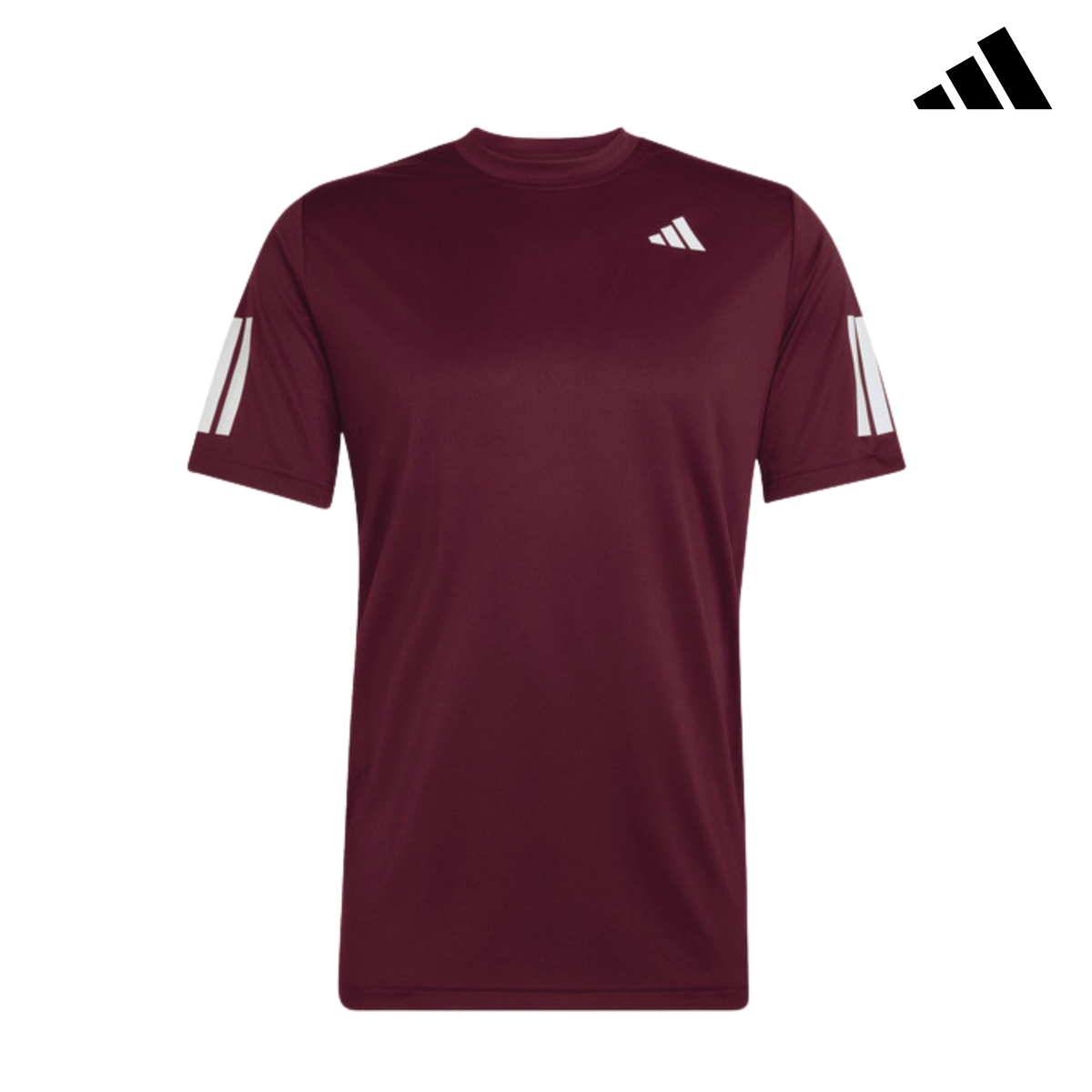 Front view of the burgundy adidas men's T-shirt with white adidas logo.