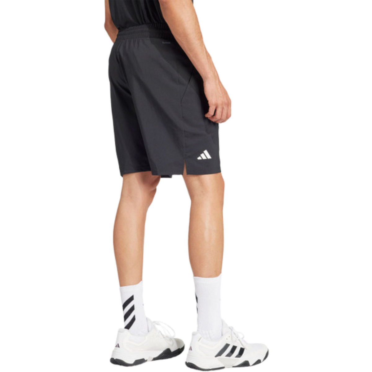 Back view of a model wearing the black adidas men's shorts.