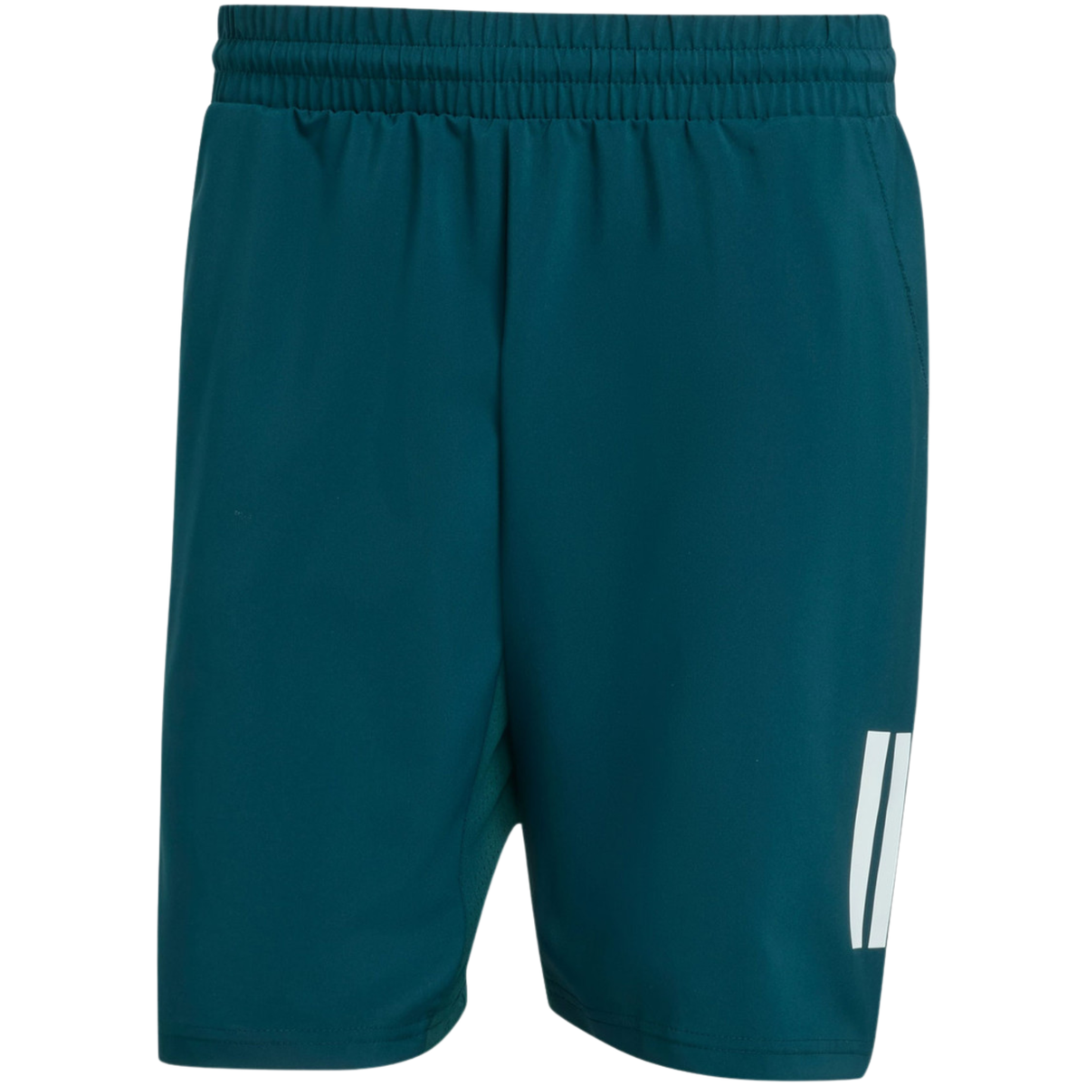 Front product view of the teal adidas men's shorts with elastic waistband and white three-stripe detail.