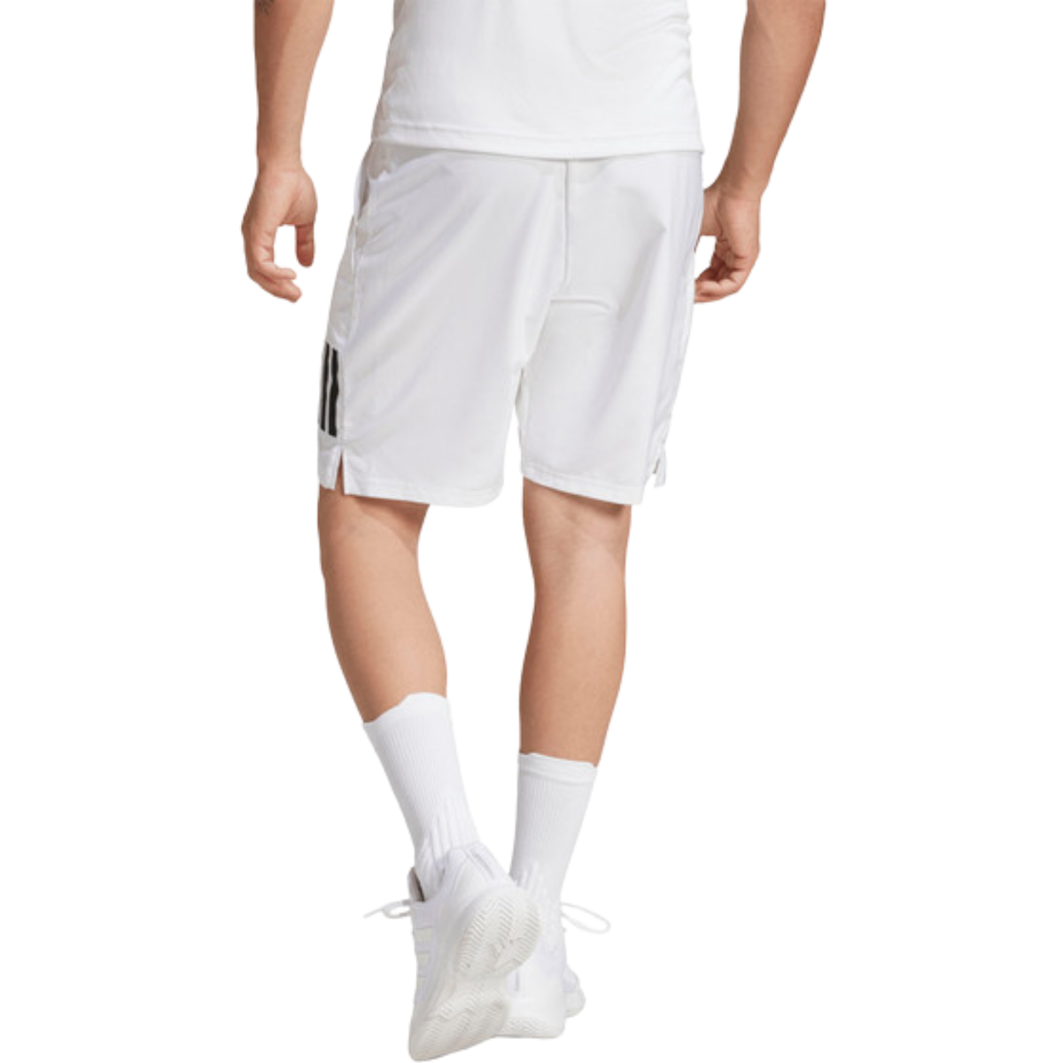Back view of a model wearing the white adidas men's shorts showing the rear design.