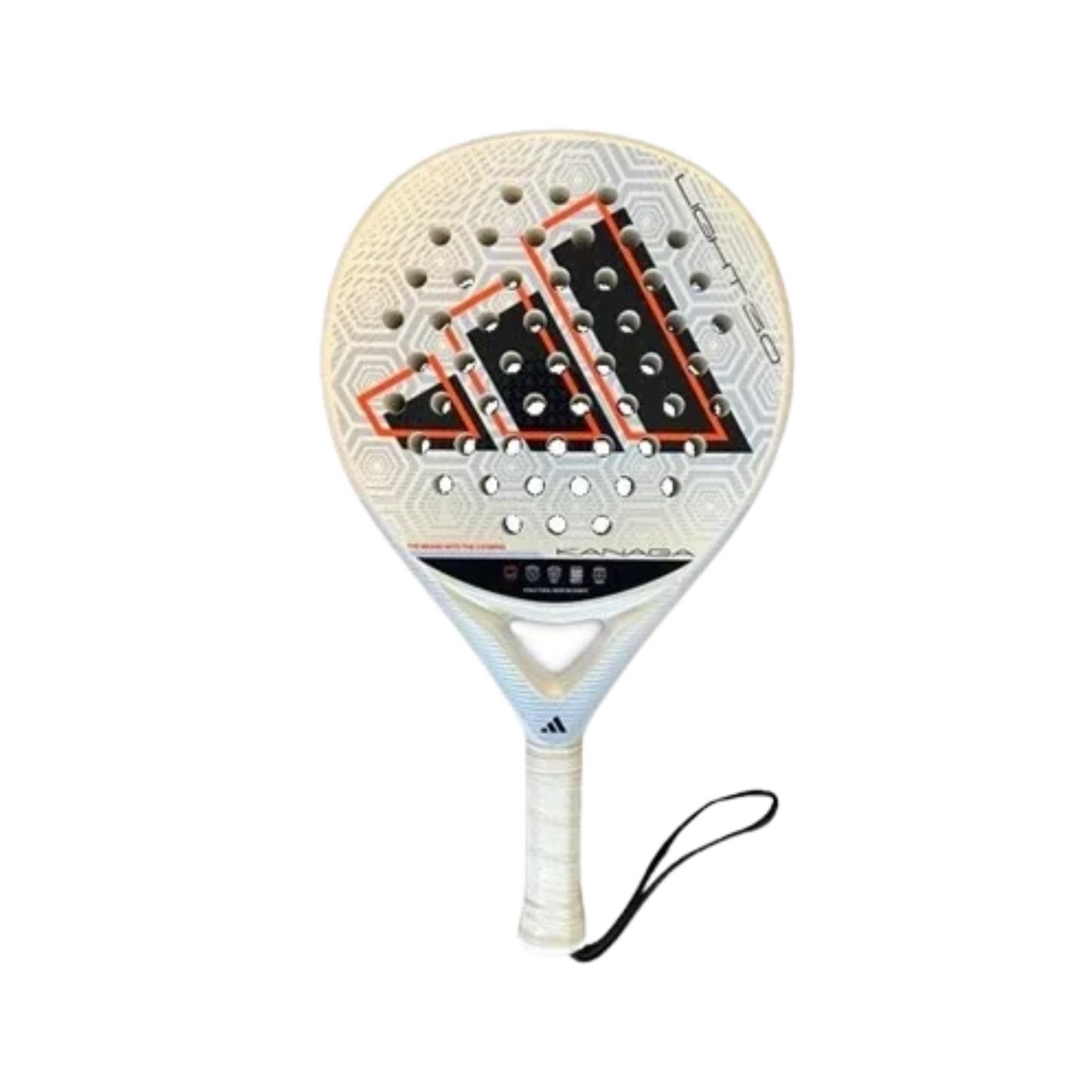 Front view of the Adidas Metalbone padel racket featuring a white frame, black and orange Adidas logo, perforated surface and white grip.