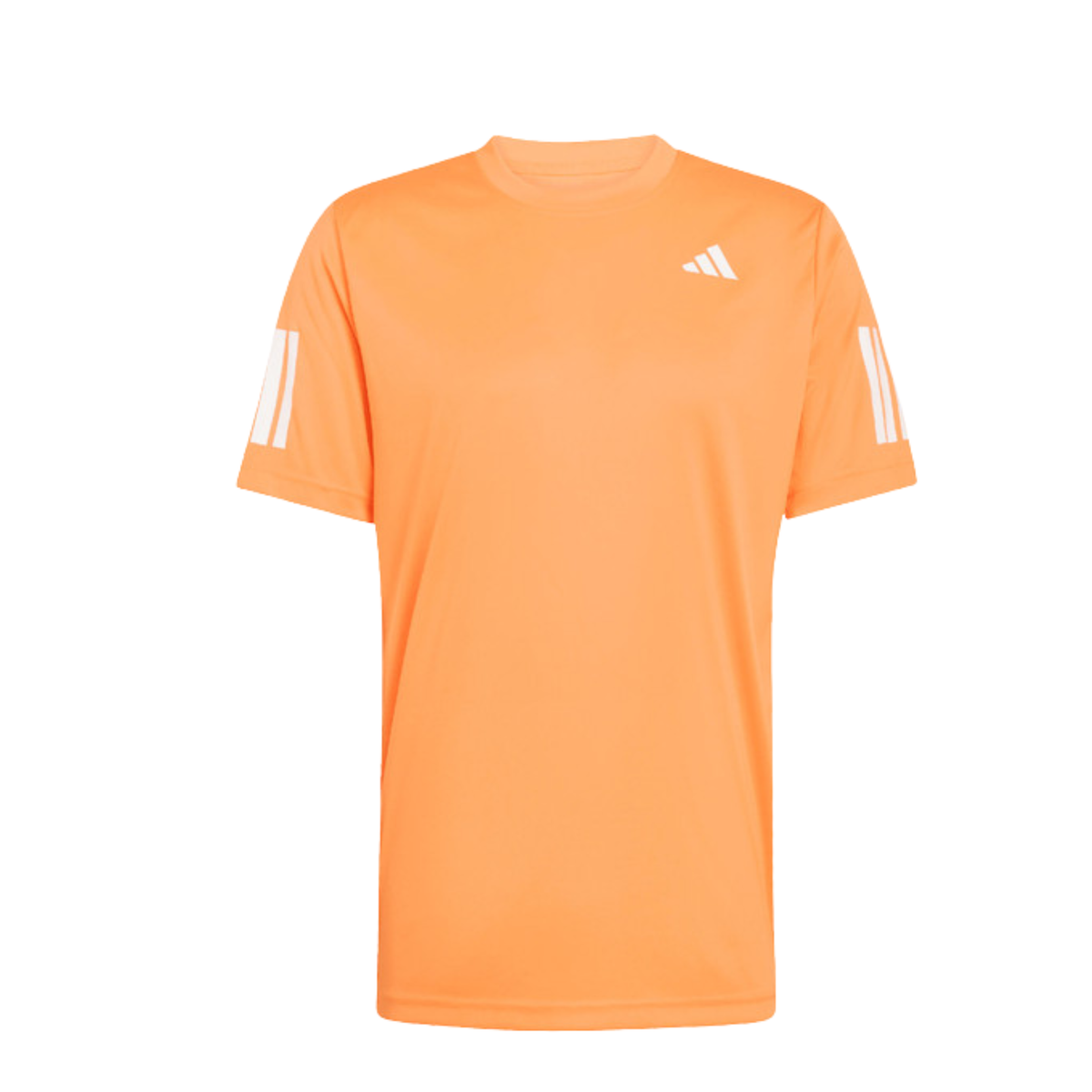 Front view of the orange adidas T-shirt with white stripe details on the sleeves.