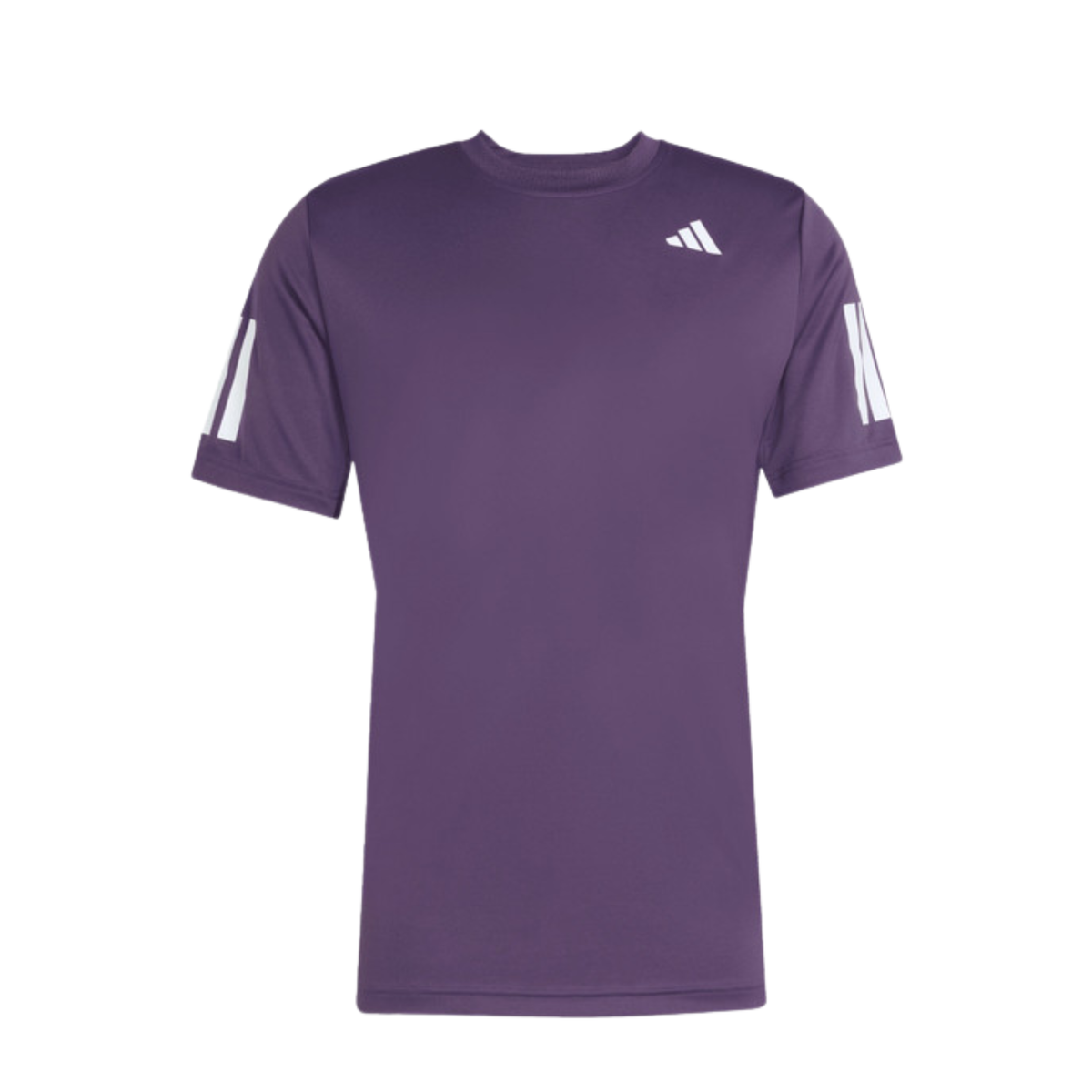 Front view of the purple adidas T-shirt with white stripe details on the sleeves.