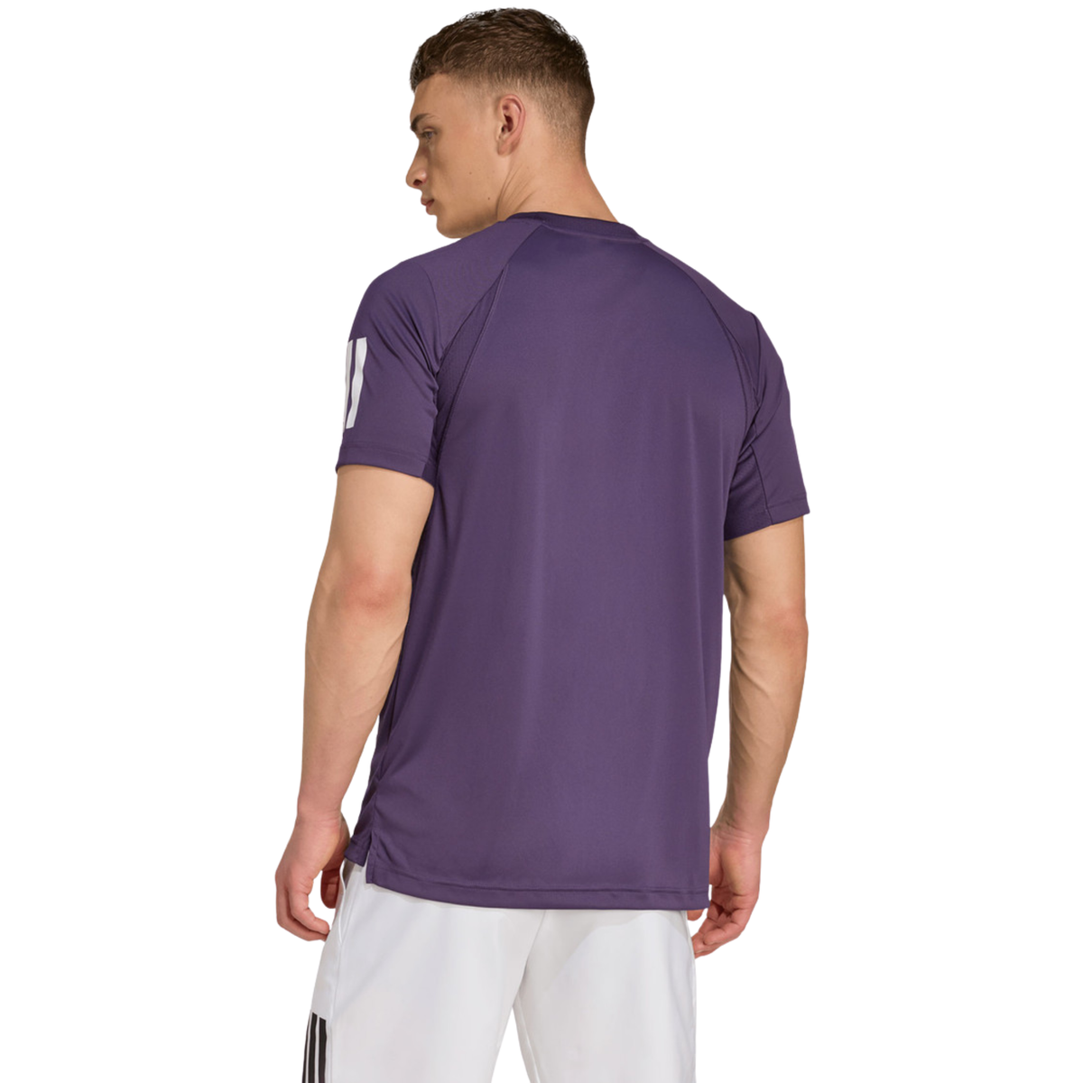 Back view of a model wearing the purple adidas T-shirt.