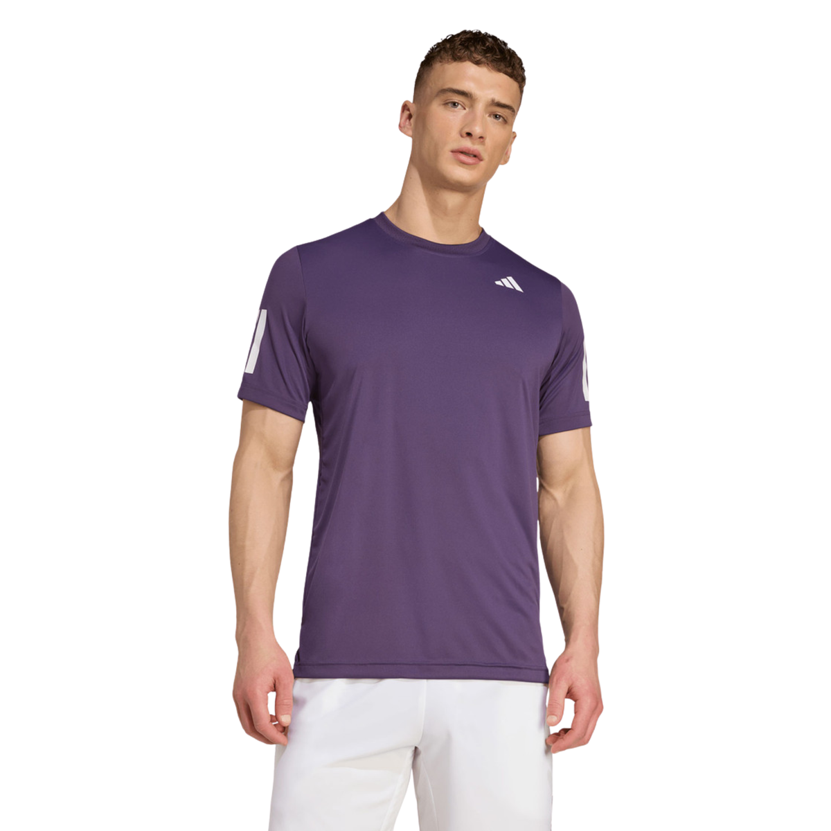 Front view of a model wearing the purple adidas T-shirt.