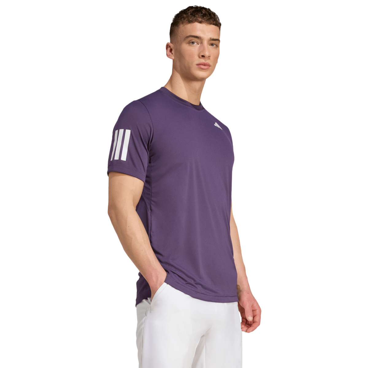 Side view of a model wearing the purple adidas T-shirt.