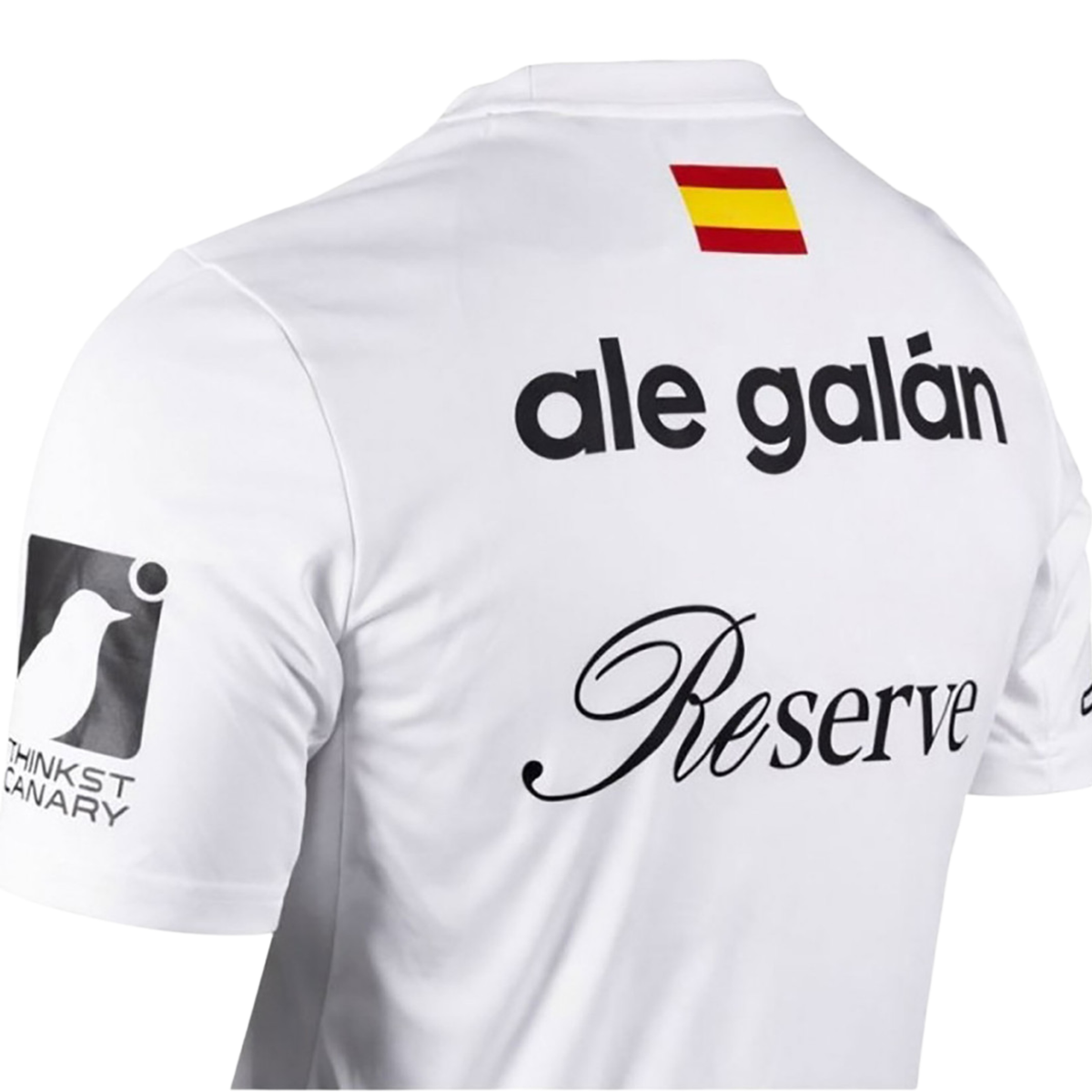 Back view of the white adidas padel T-shirt with sponsor logos and Spanish flag detail.