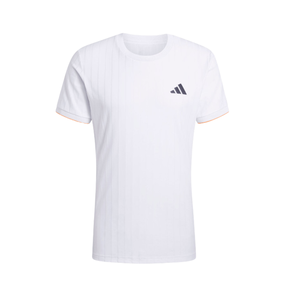 Front view of the white adidas T-shirt with subtle vertical stripe design and orange sleeve details.