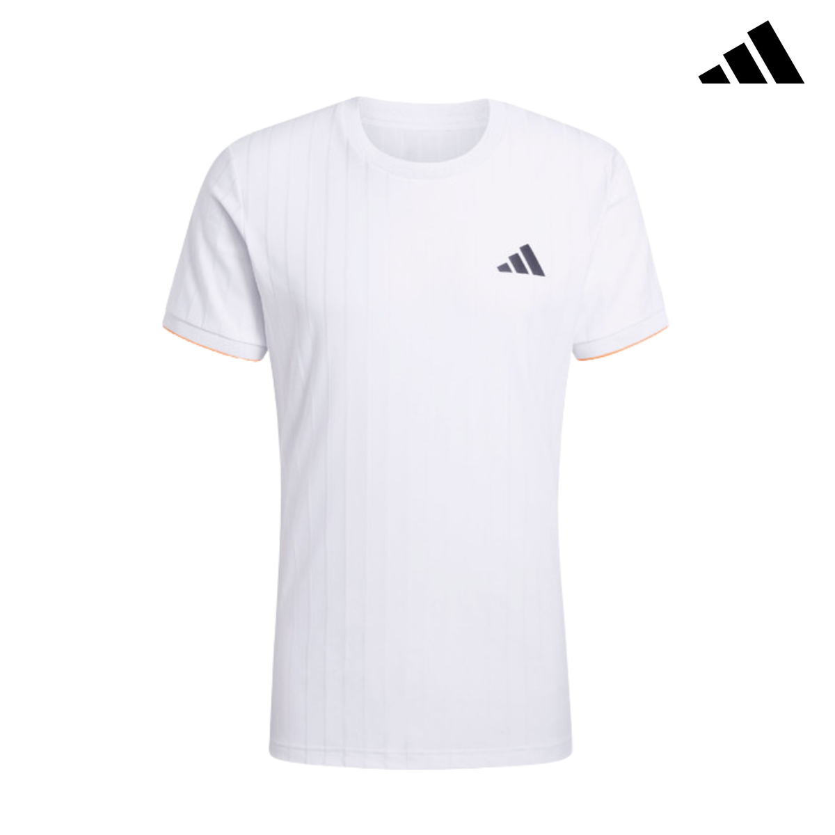 Front view of the white adidas T-shirt with subtle vertical stripes, orange details and adidas logo.
