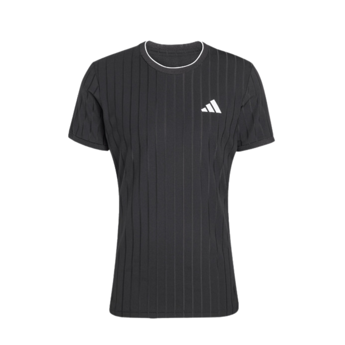 Front view of the black adidas women's T-shirt with subtle vertical stripe design.