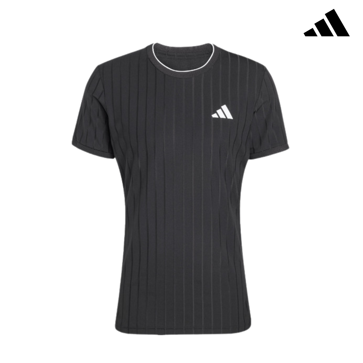 Front view of the black adidas women's T-shirt with vertical stripes and adidas logo.