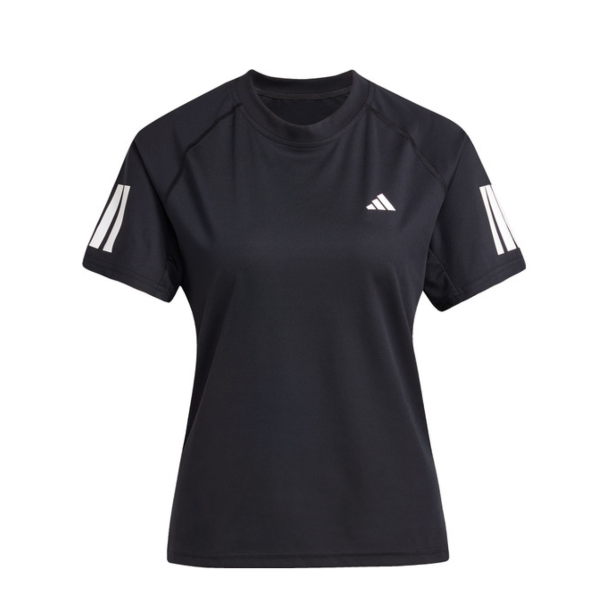 Front view of the black adidas women's T-shirt with white adidas details.