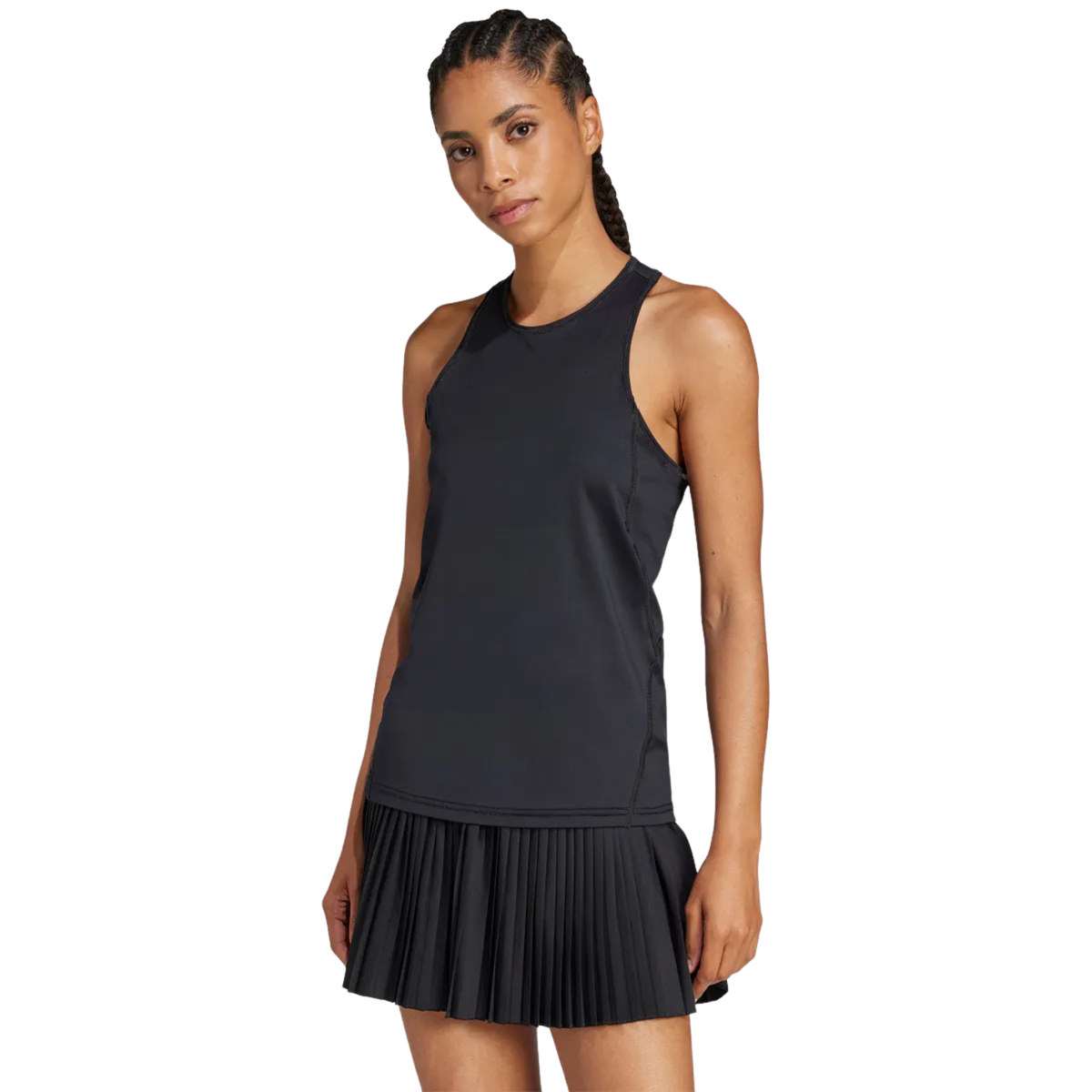 Front view of a model wearing the black adidas women's tank top.