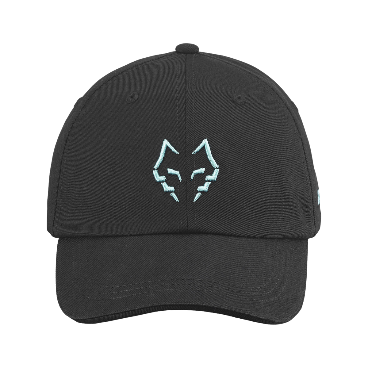 Front view of the black Babolat Lebron cap with light blue wolf logo.