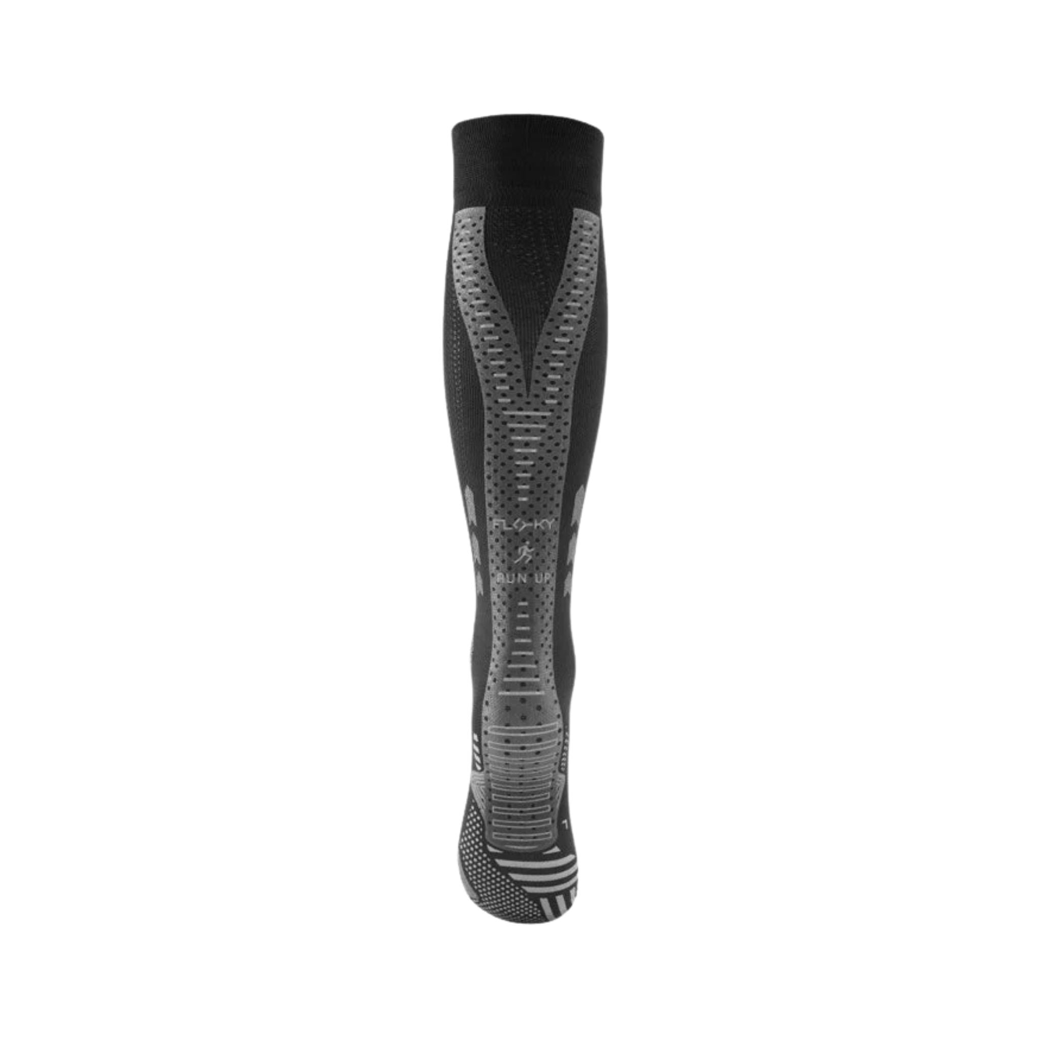 Back view of Floky Run Up Long Compression Socks Black, showcasing the long compression profile, secure fit, and moisture-wicking performance material.