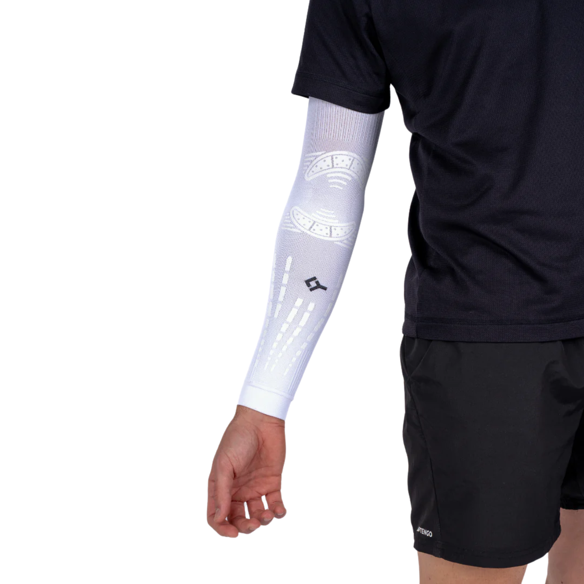 Back view of an athlete wearing Floky Elbow Sleeves White (2 Pieces), showcasing the secure fit and compression technology for elbow protection and recovery.