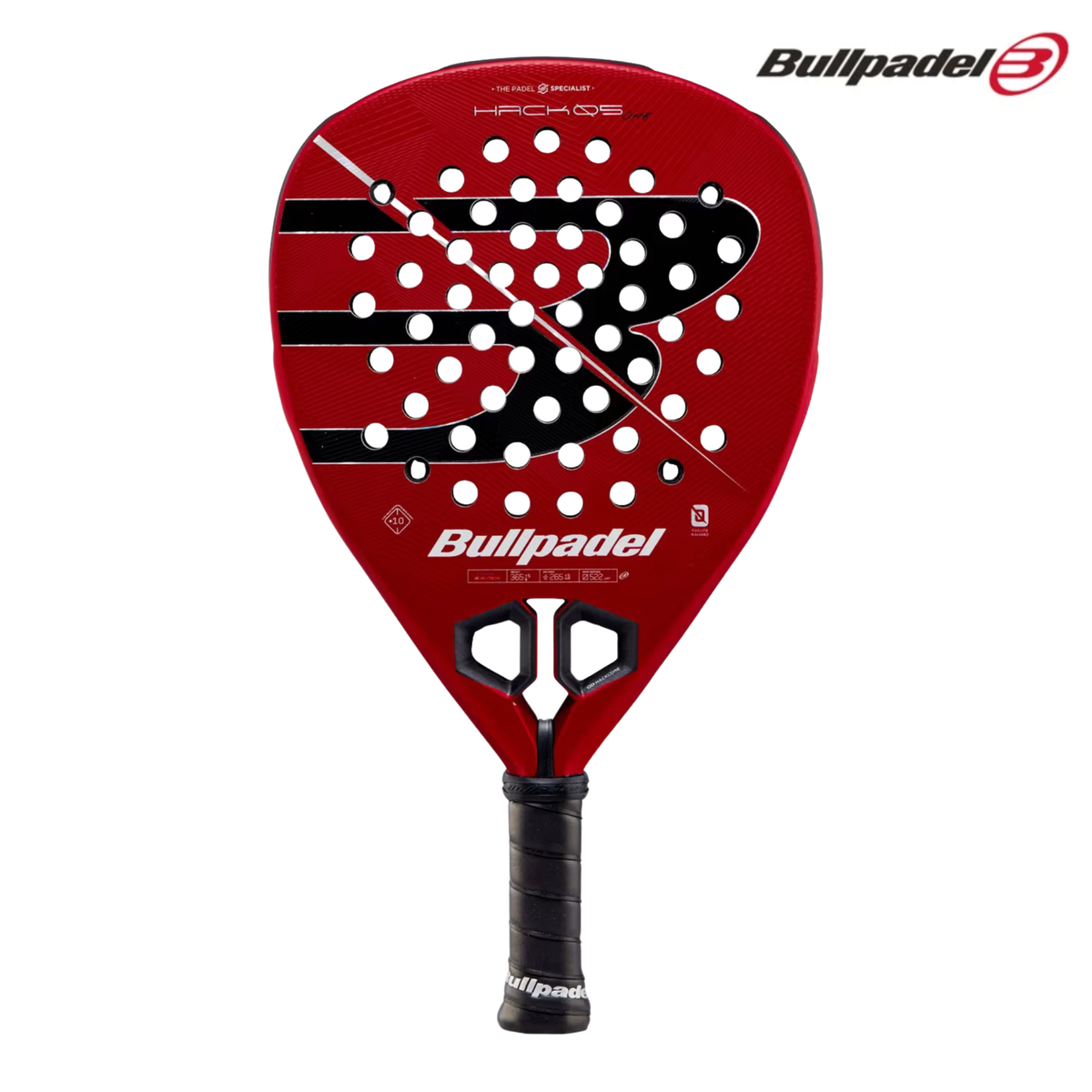 A Bullpadel Hack 05 CMF 2027 padel racket shown from the front, featuring a black, red and silver design with the Bullpadel logo and textured racket face.