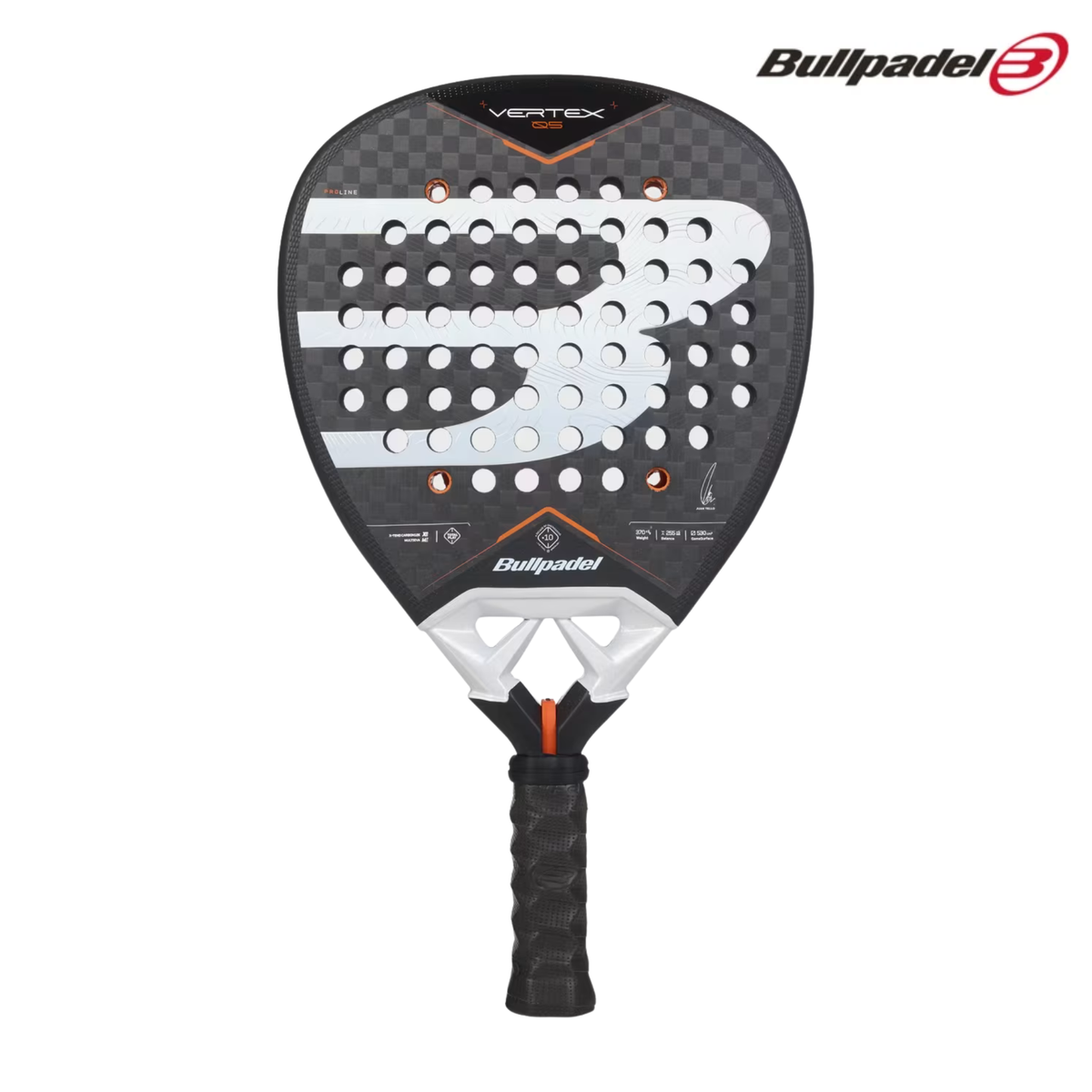 A Bullpadel Vertex 05 2027 padel racket shown from the front, featuring a black and red design with the Bullpadel logo and textured racket face.
