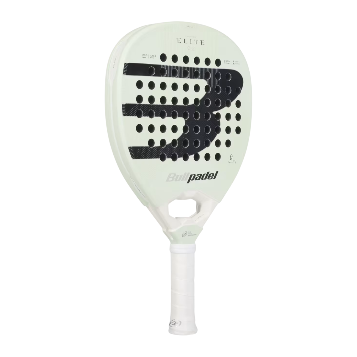 An angled front view of the Bullpadel Elite 02 2027 padel racket, showing the racket face, outer frame and Bullpadel logo.