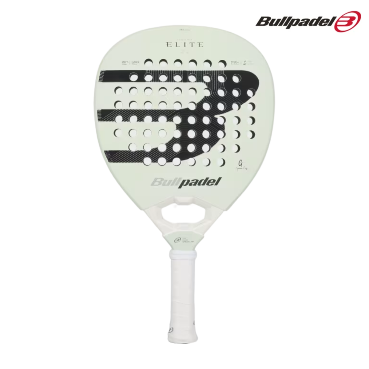 A front view of the Bullpadel Elite 02 2027 padel racket, showing the racket face, perforations and Bullpadel branding.