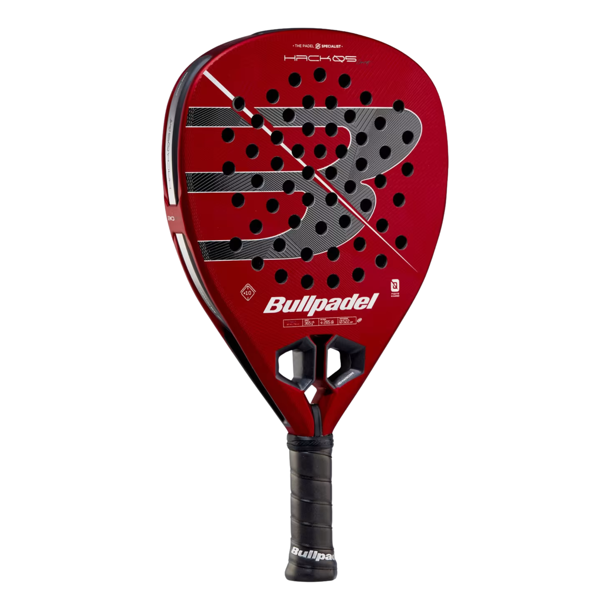A Bullpadel Hack 05 CMF 2027 padel racket shown at an angle, featuring a black, red and silver design, textured racket face and Bullpadel branding.