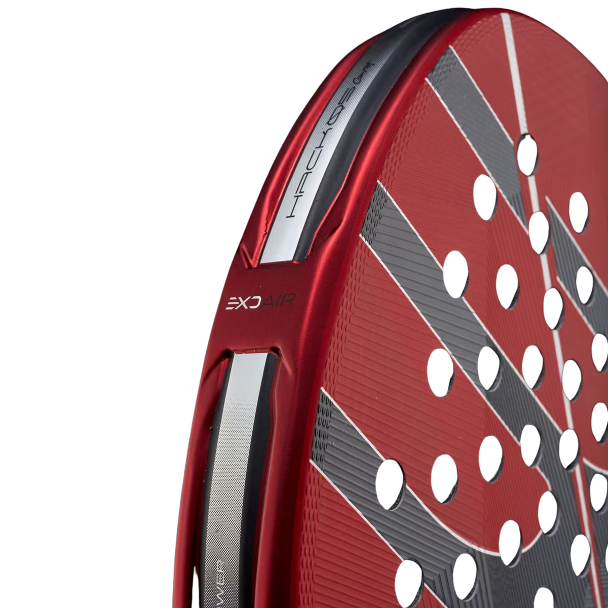 A close-up of the Bullpadel Hack 05 CMF 2027 frame, highlighting the ExoAir aerodynamic construction, red detailing and Air Power channel.