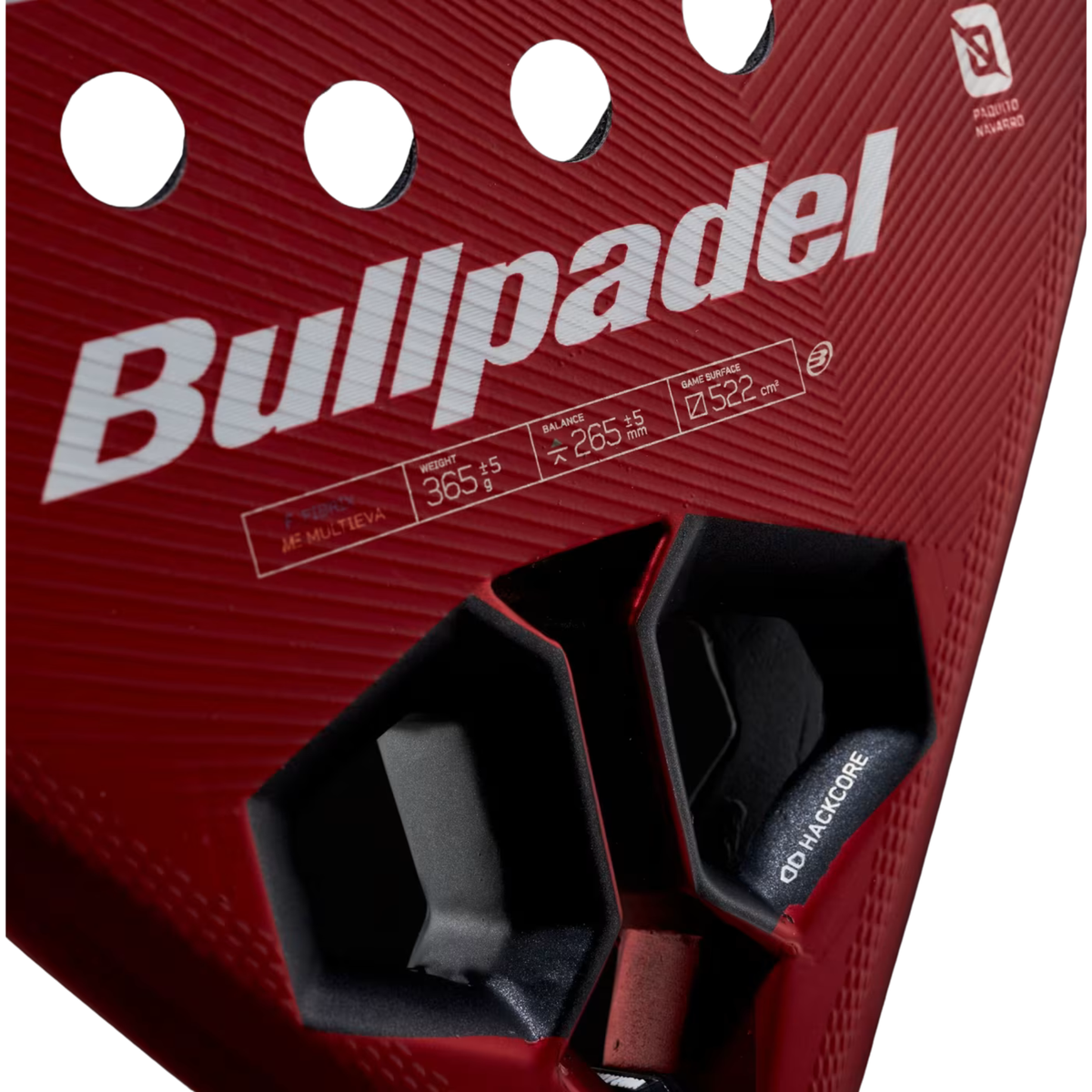 A close-up of the Bullpadel Hack 05 CMF 2027 racket throat, showing the Hack Core structure, Bullpadel branding and aerodynamic frame design.