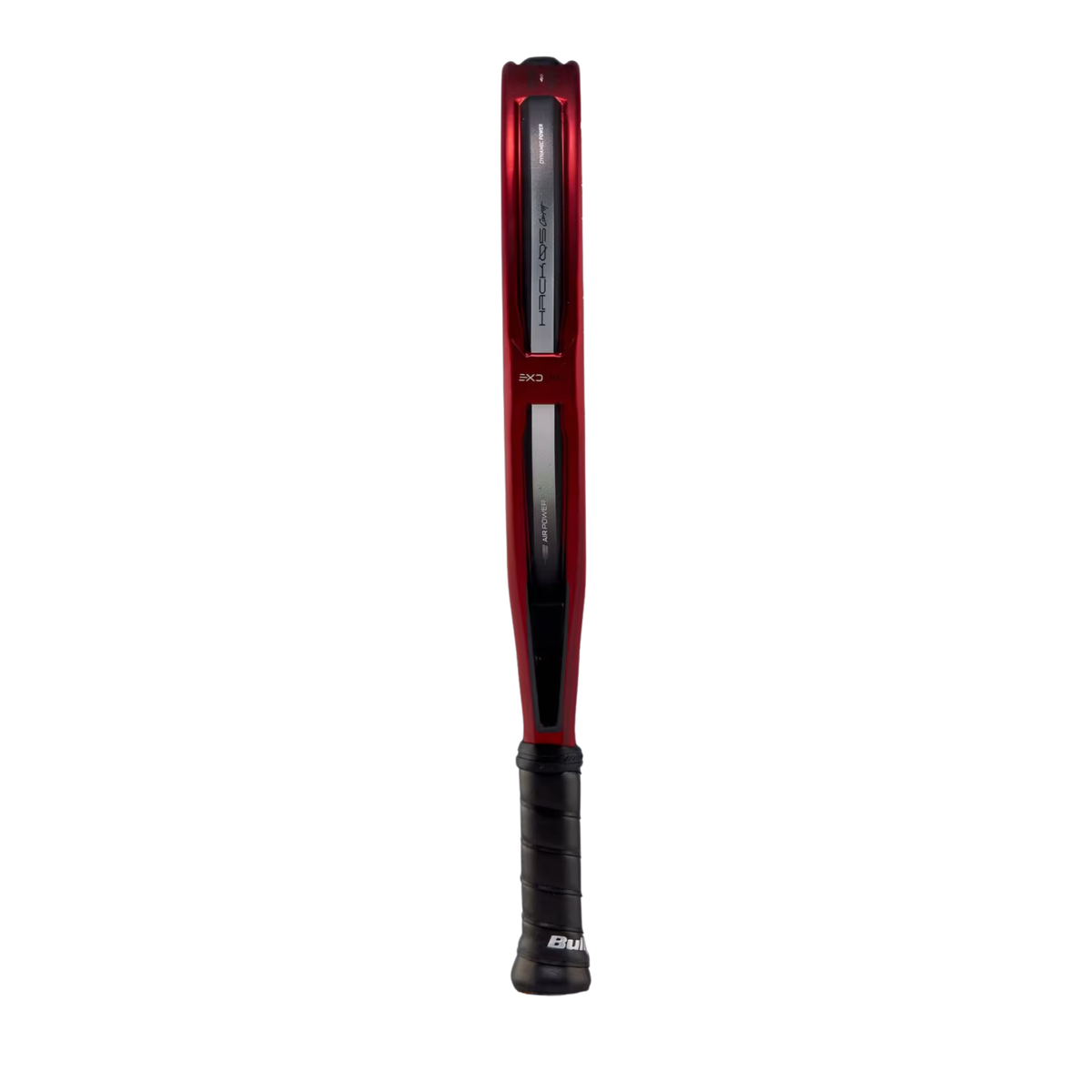 A side view of the Bullpadel Hack 05 CMF 2027 padel racket, showing its aerodynamic frame, red detailing and Air Power technology.