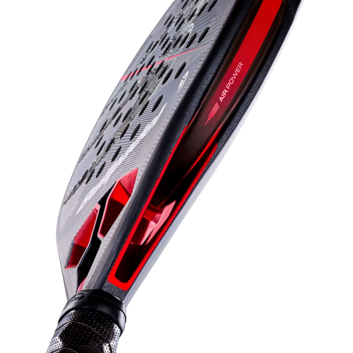 A close-up side view of the Bullpadel Hack 05 Hybrid 2027 racket, highlighting the red Air Power channel, aerodynamic frame and black textured surface.