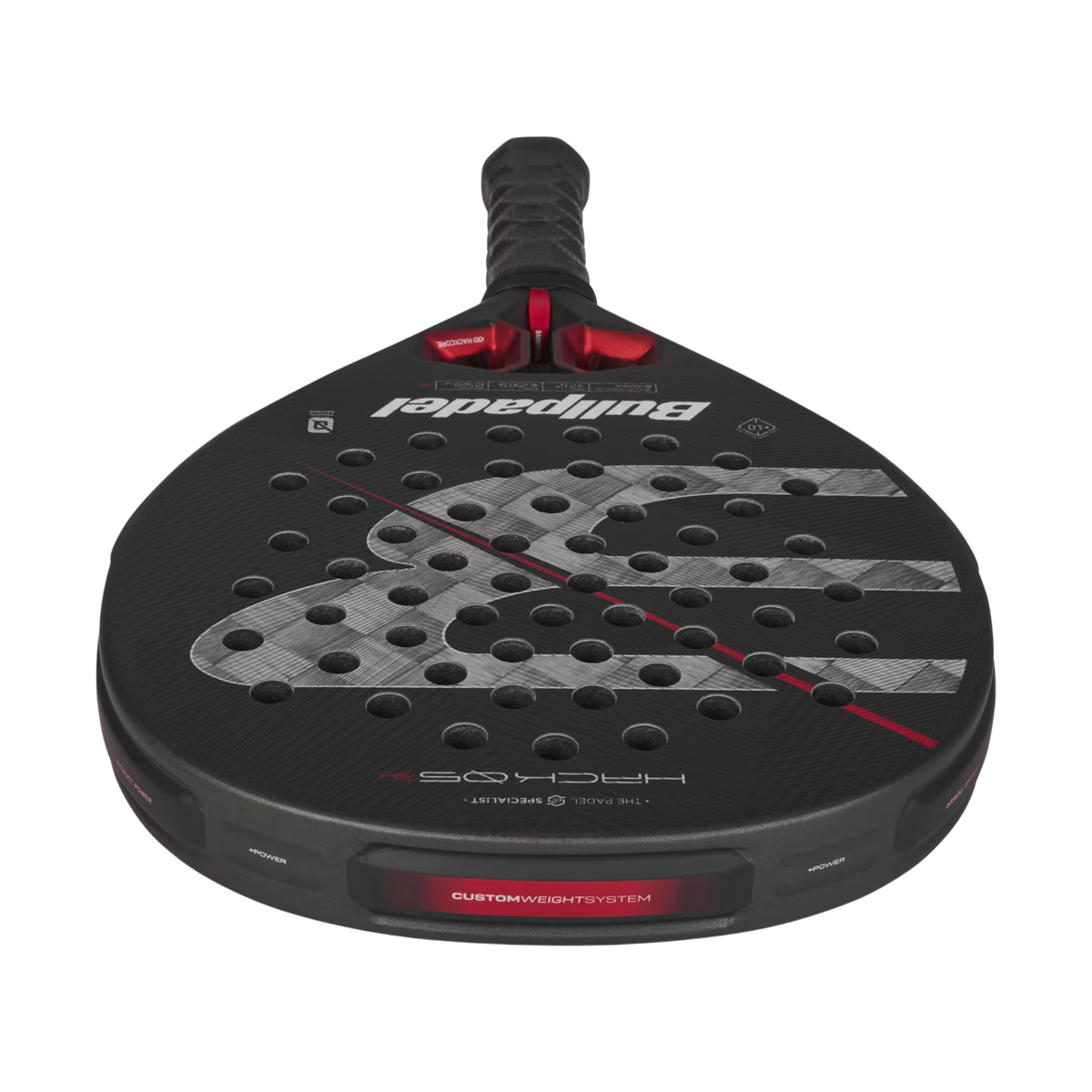 A close-up of the Bullpadel Hack 05 Hybrid 2027 racket face and lower frame, showing the CustomWeight System and textured surface.