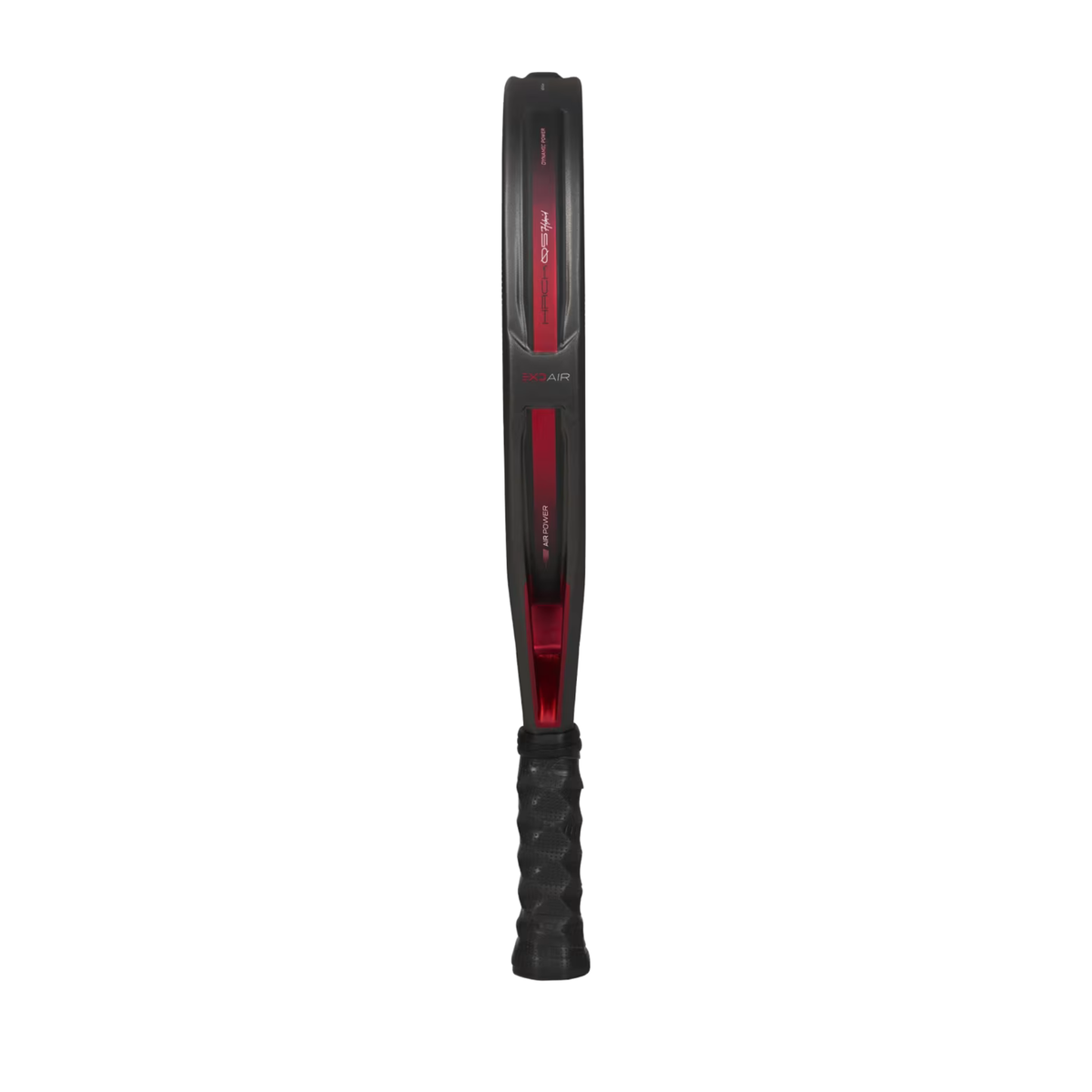 A side view of the Bullpadel Hack 05 Hybrid 2027 padel racket, showing the aerodynamic frame with red detailing and Air Power technology.