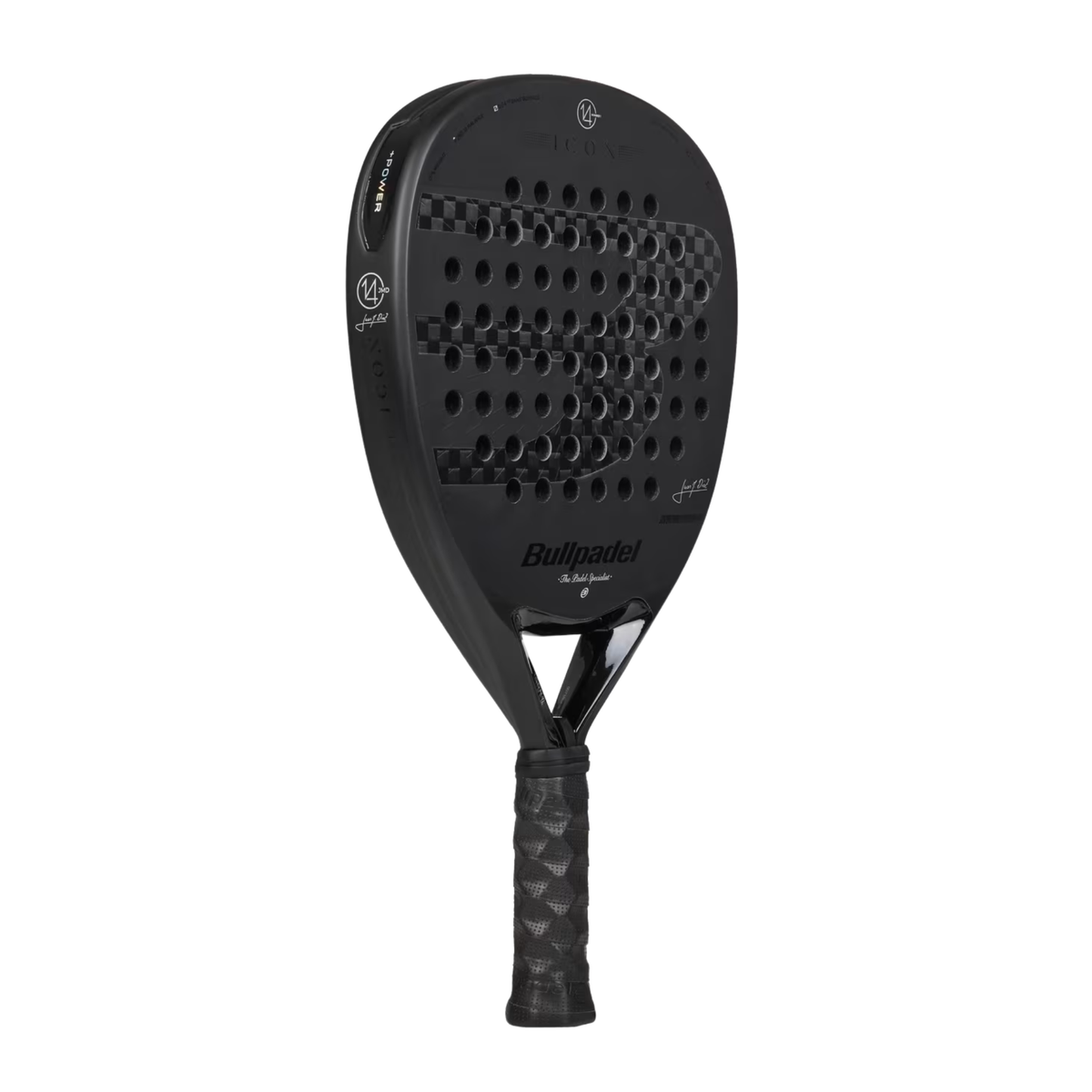 An angled front view of the Bullpadel ICON 2027 padel racket, showing the racket face, outer frame and Bullpadel logo.