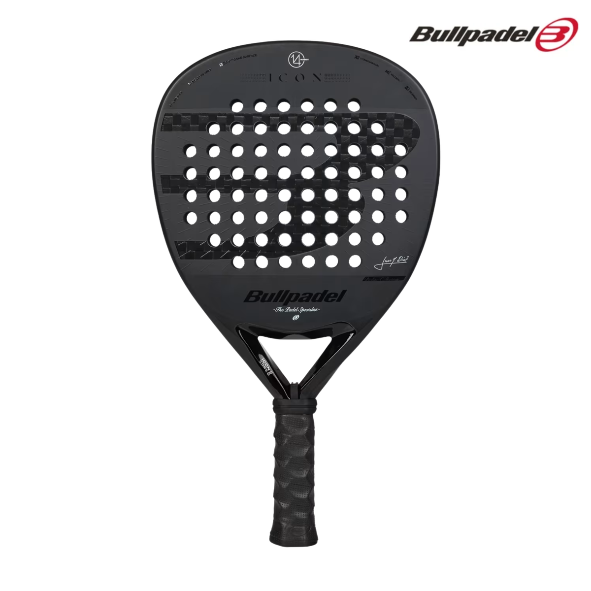 A front view of the Bullpadel ICON 2027 padel racket, showing the diamond-shaped racket face, perforations and Bullpadel branding.