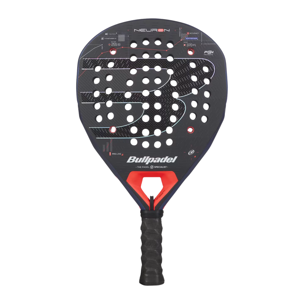 A front view of the Bullpadel Neuron 02 2027 padel racket, featuring a black racket face with blue and red details and Bullpadel branding.
