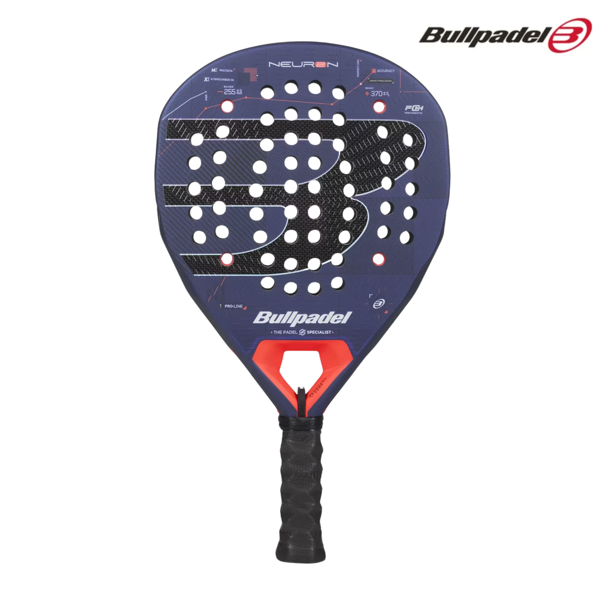 A front view of the Bullpadel Neuron 02 2027 padel racket, featuring a blue and black racket face, red details and Bullpadel branding.
